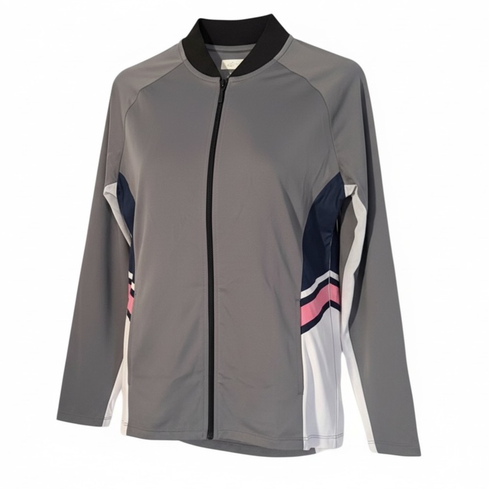 Greg Norman Women’s Gray Zip-Up Jacket Pink/White Accents Medium NWOT
PTP 18.5”